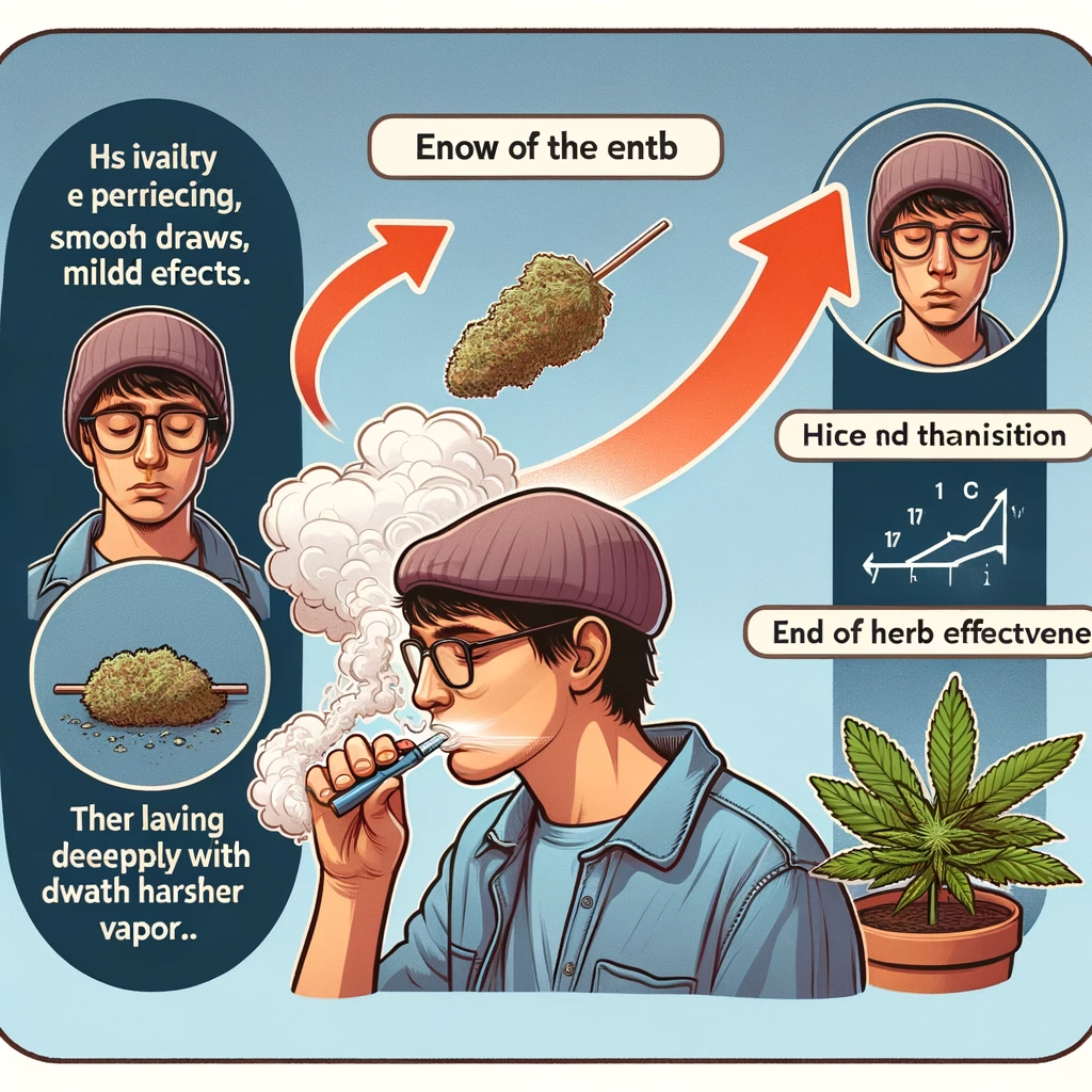 Al principio, una persona que vapea experimenta caladas suaves y efectos suaves y, más tarde, tiene que inhalar más profundamente con un vapor más áspero, lo que indica que disminuyen.